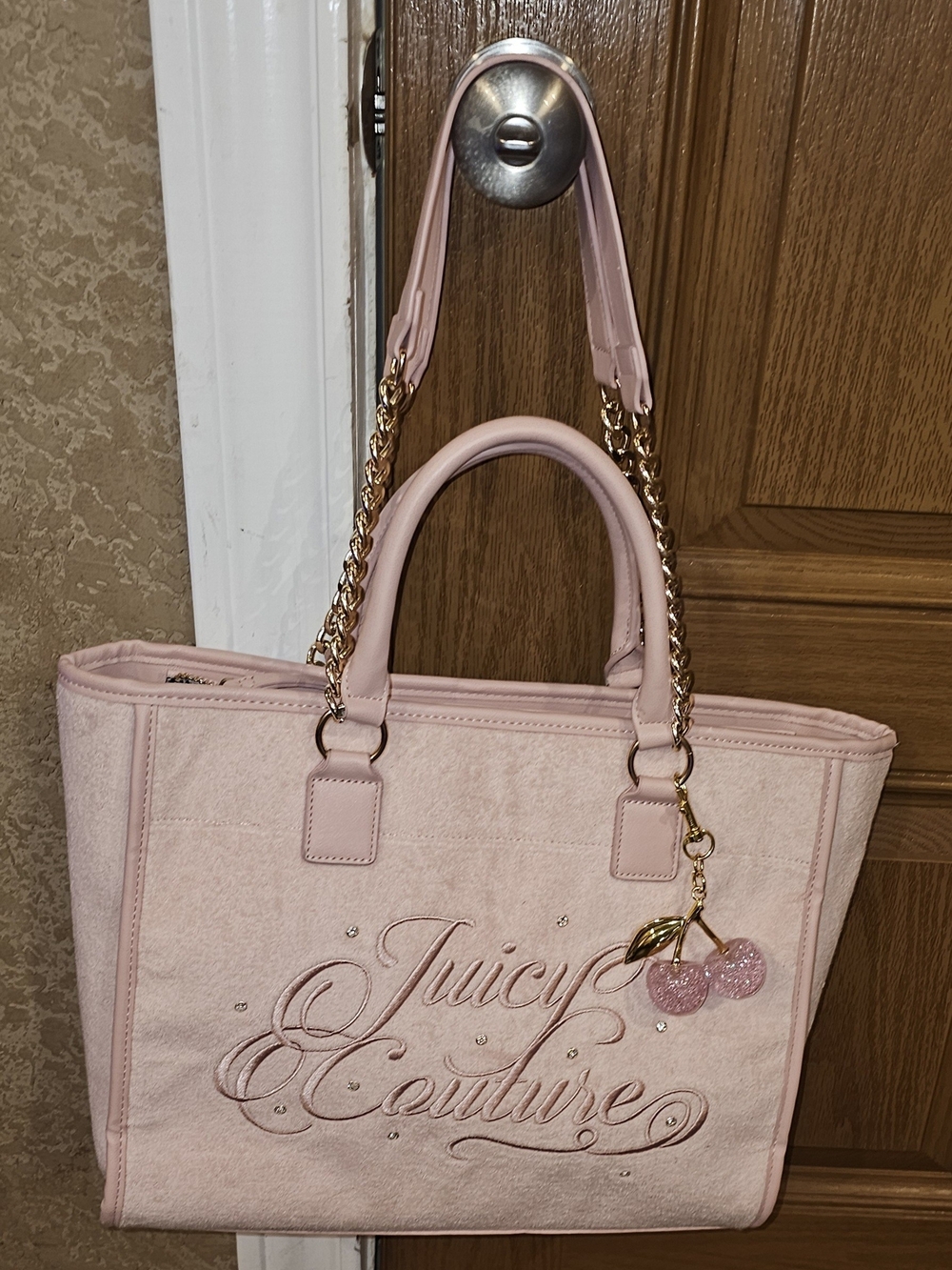 Juicy Couture Pale Pink Velvet Tote with Gold Chain & Cherry Charm - Picture 11 of 11